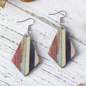 Bohemian diamond shape wood dangle earrings multicolor stripe